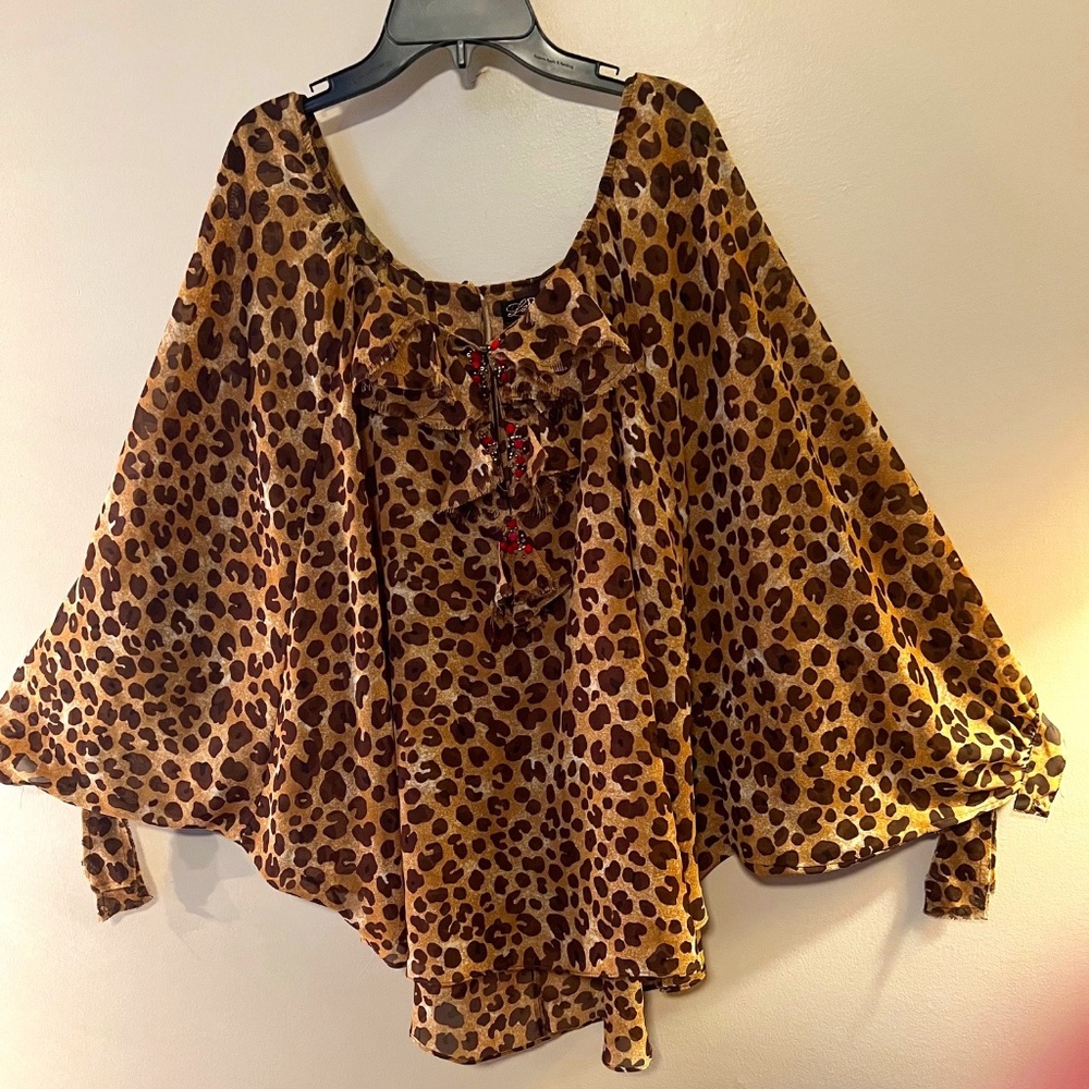 LaROK Leopard Embellished Ruffled V Neckline Tunic - Size M